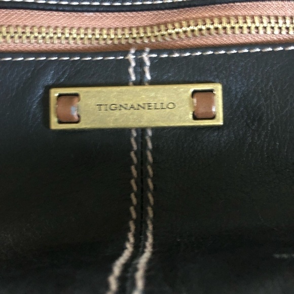 Tignanello Leather Two Tone Shoulder Bag Brown Black Double Handle Zip Pocket - Picture 6 of 8